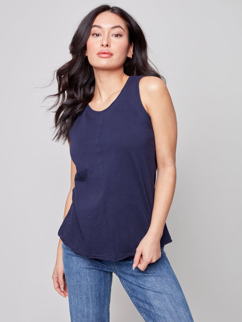 Sleeveless Cotton Knit Top- Marine