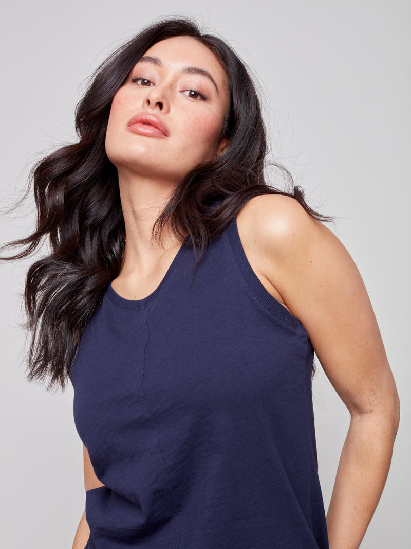 Sleeveless Cotton Knit Top- Marine