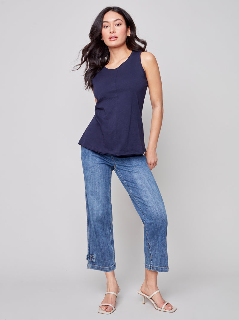 Sleeveless Cotton Knit Top- Marine