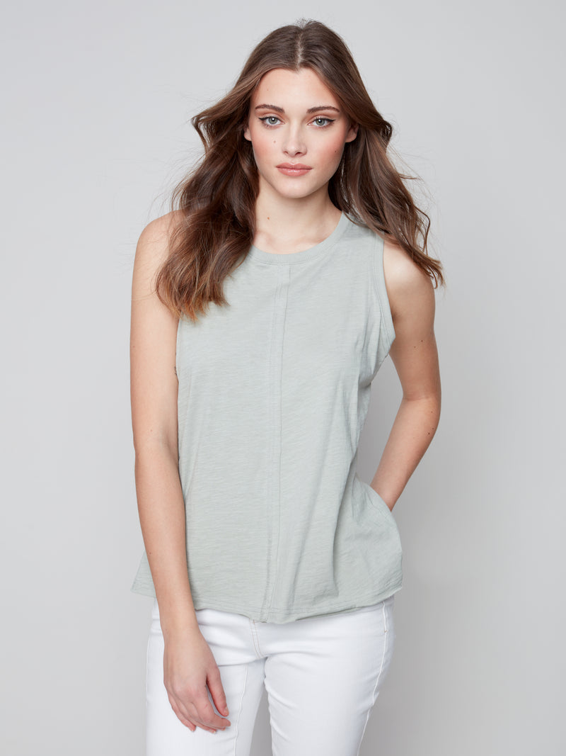 Sleeveless Cotton Knit Top- Celadon