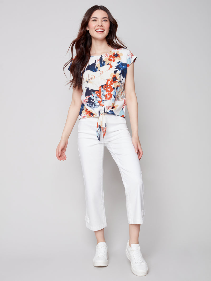Front Tie Linen Top- Saffron