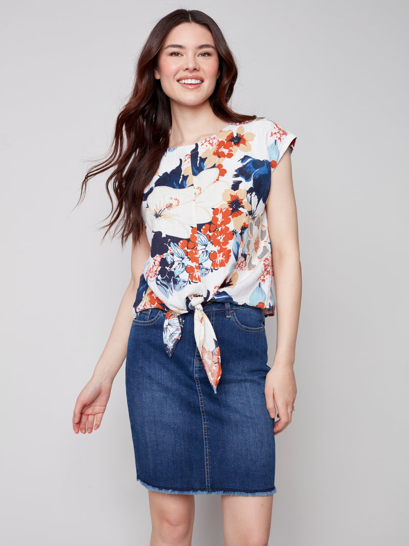 Front Tie Linen Top- Saffron