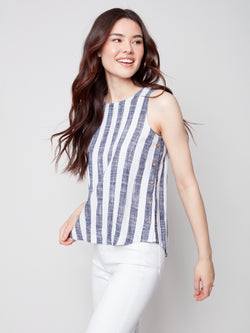 Side-Button Linen Blouse- Marine