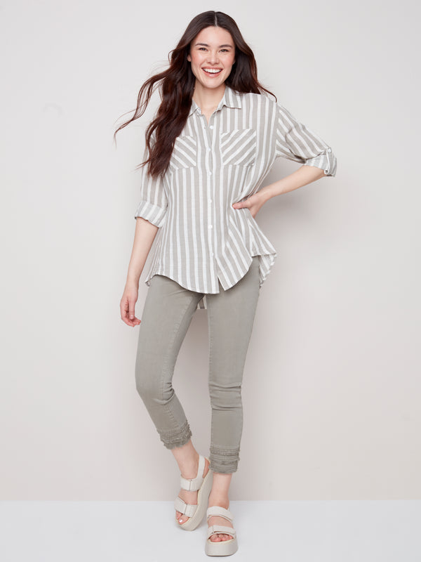 Button Front Shirt- Striped Roll Sleeve Style- Celadon | Charlie B
