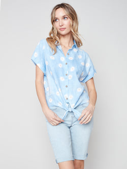 Front Tie Button-Up Linen Top- Cerulean