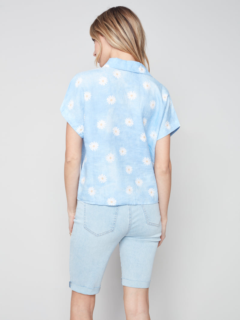 Front Tie Button-Up Linen Top- Cerulean