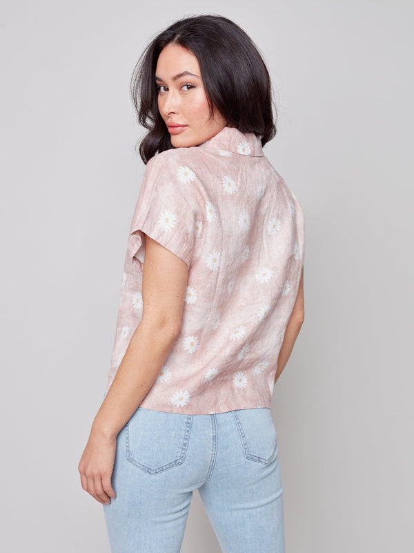 Front Tie Button-Up Linen Top- Peony