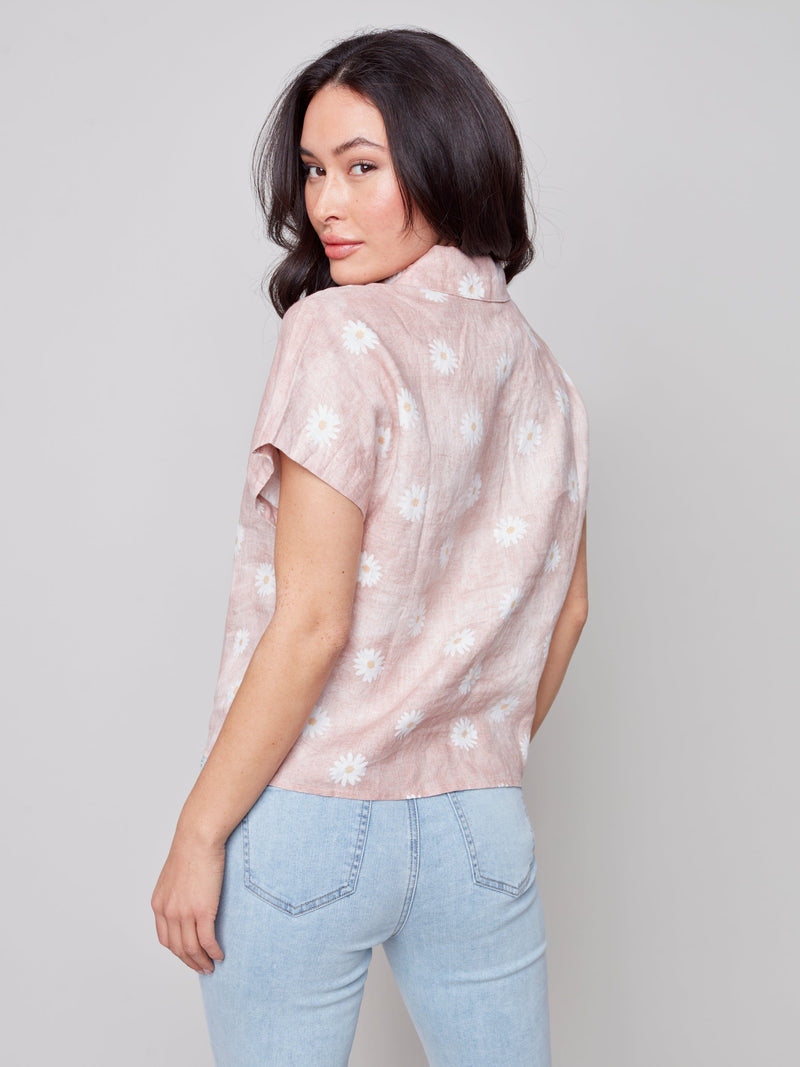 Front Tie Button-Up Linen Top- Peony