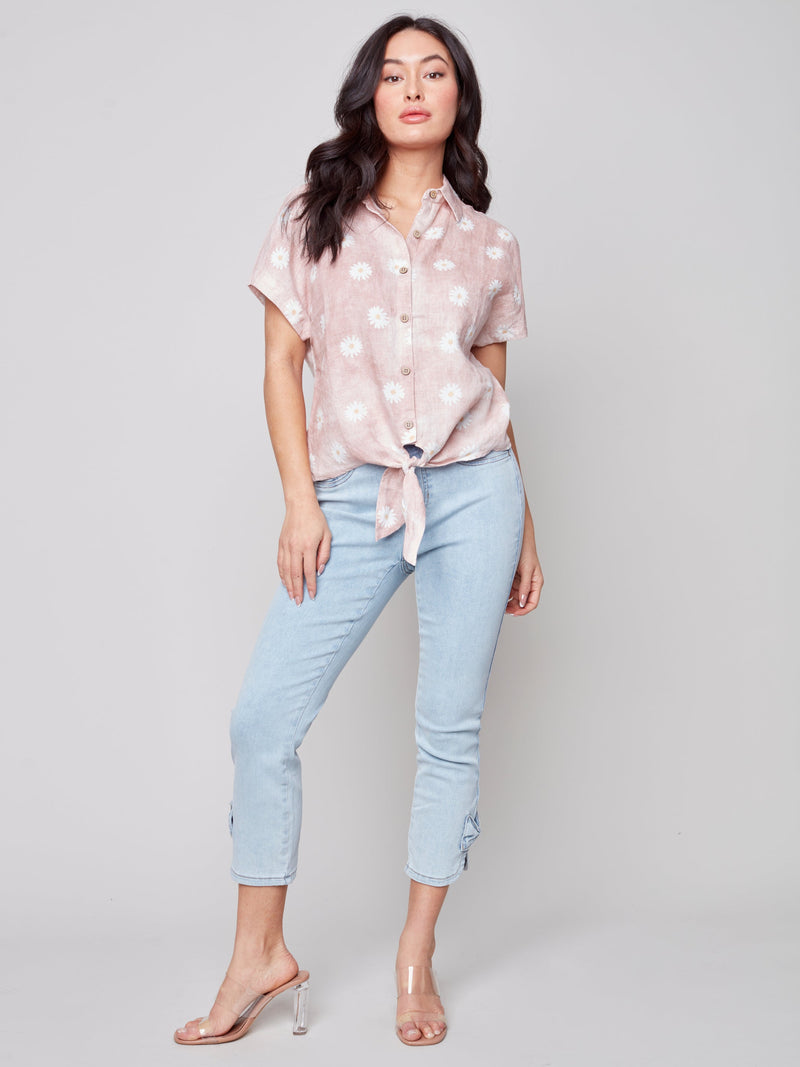 Front Tie Button-Up Linen Top- Peony