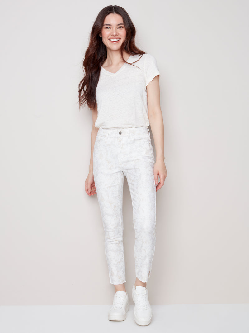 Twill Pants With Hem Detail- Roses