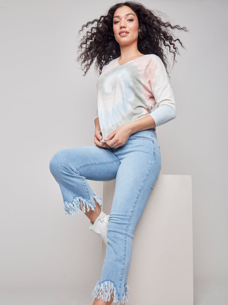 Feather Hem Detail Denim Pants