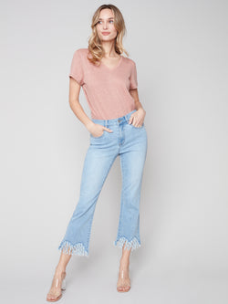 Feather Hem Detail Denim Pants