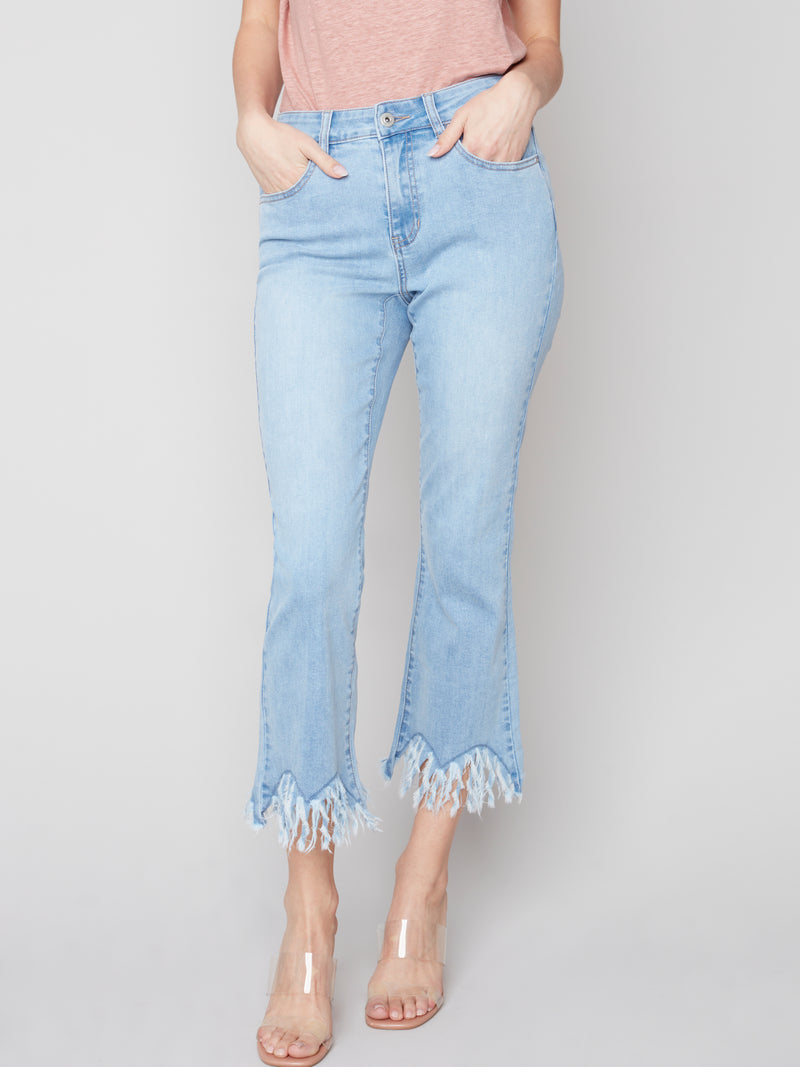 Feather Hem Detail Denim Pants