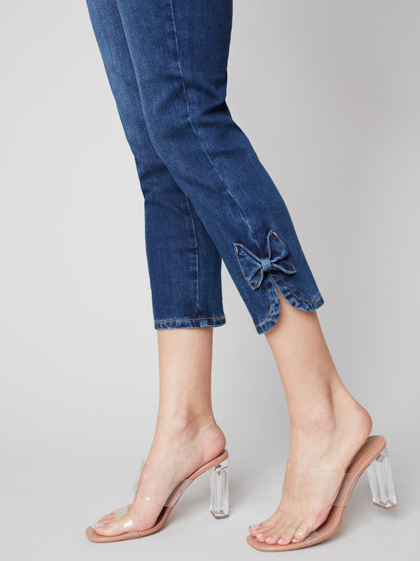 Denim Pants With Hem Detail- Bow