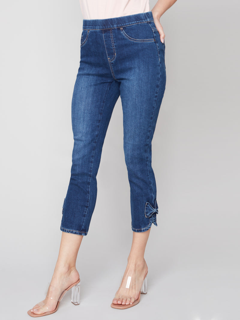Denim Pants With Hem Detail- Bow