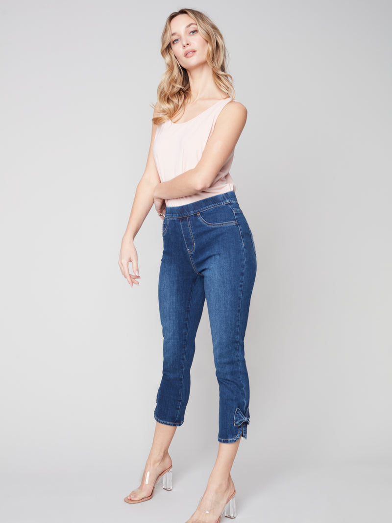 Denim Pants With Hem Detail- Bow