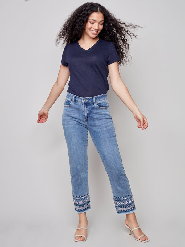 Embroidered Hem Denim Pants