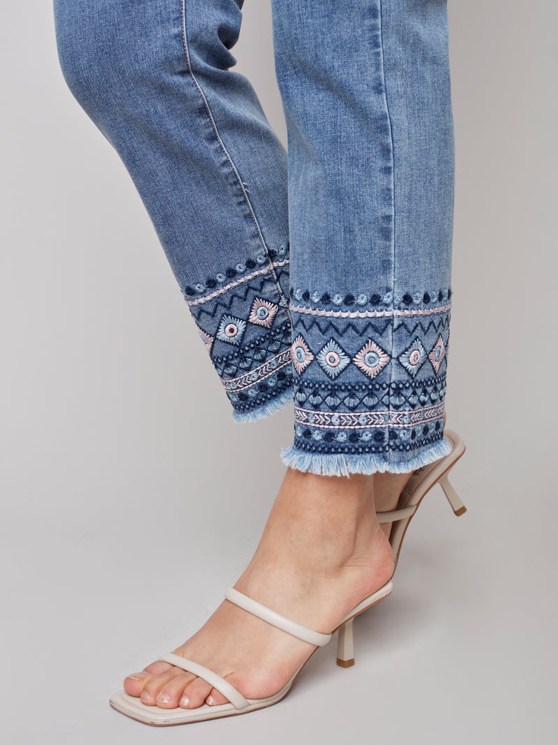 Embroidered Hem Denim Pants