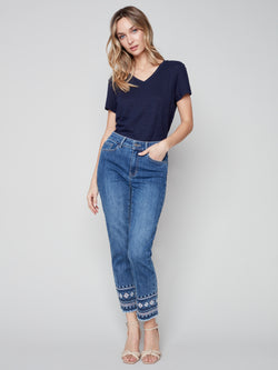 Embroidered Hem Denim Pants