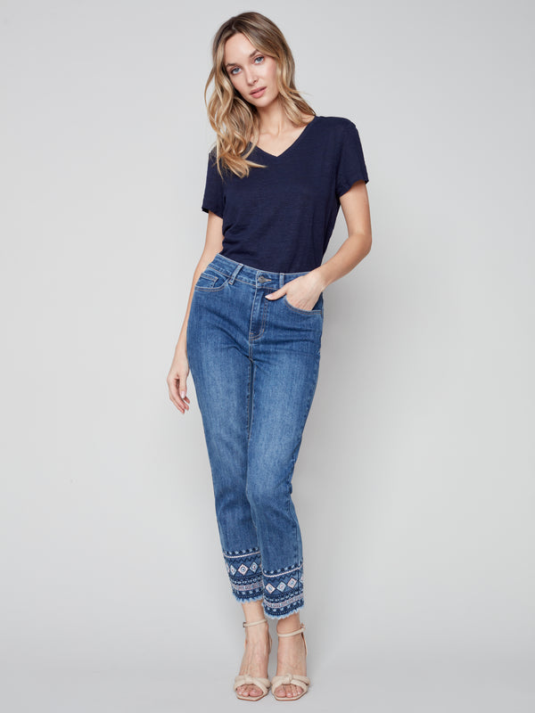 Embroidered Hem Denim Pants