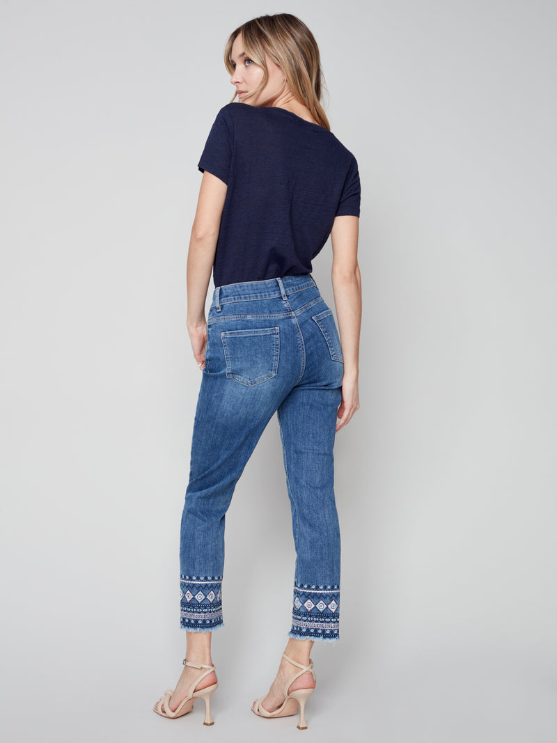 Embroidered Hem Denim Pants
