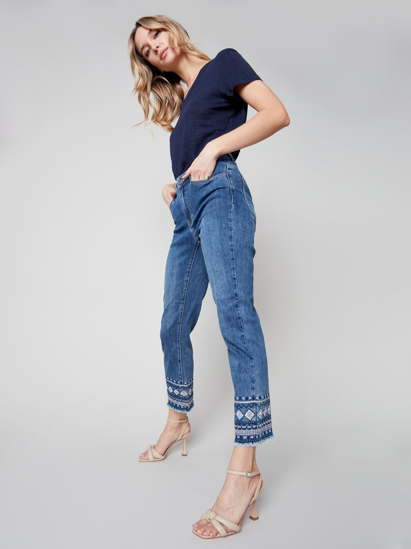 Embroidered Hem Denim Pants