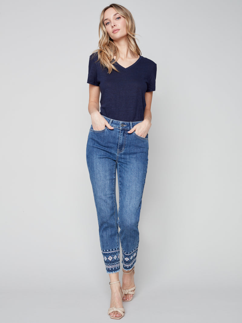 Embroidered Hem Denim Pants