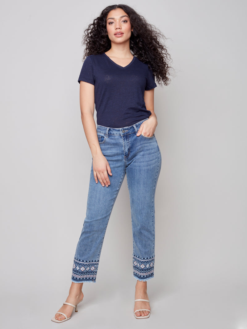 Embroidered Hem Denim Pants