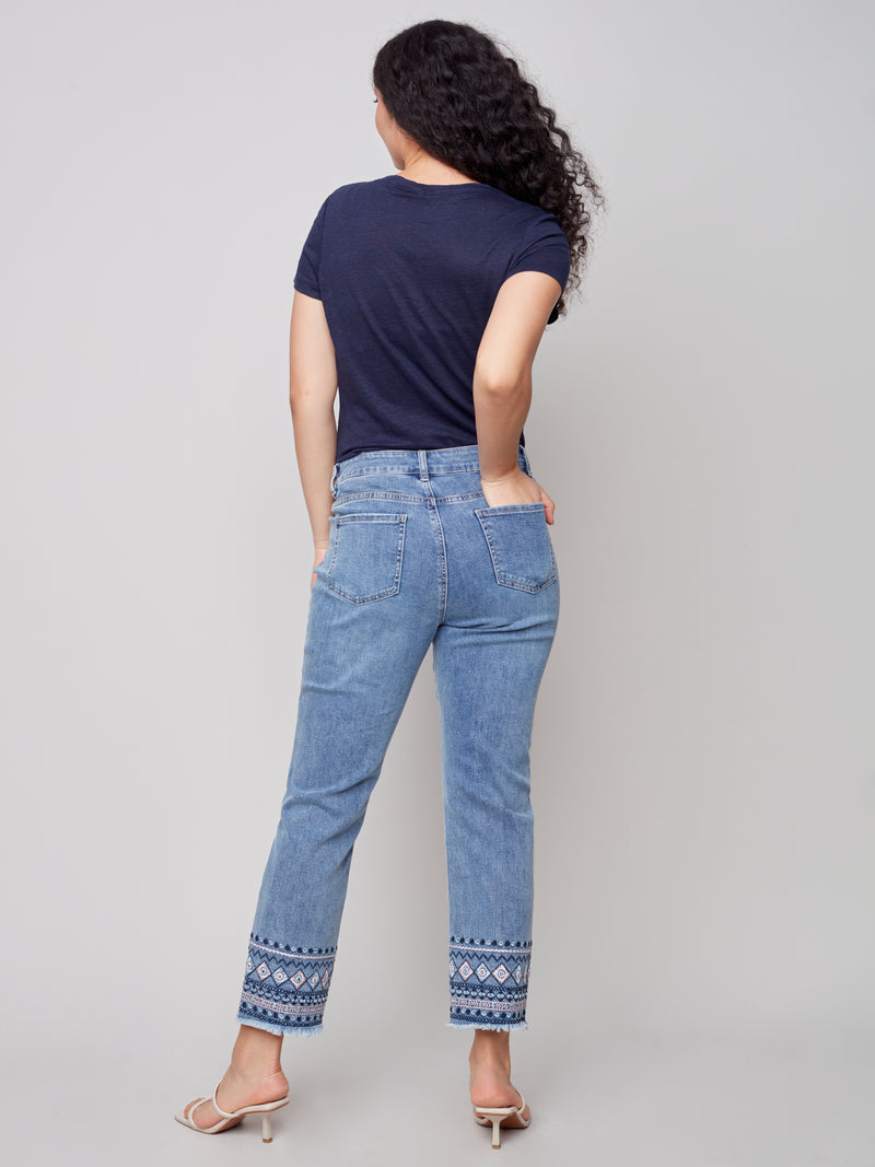 Embroidered Hem Denim Pants