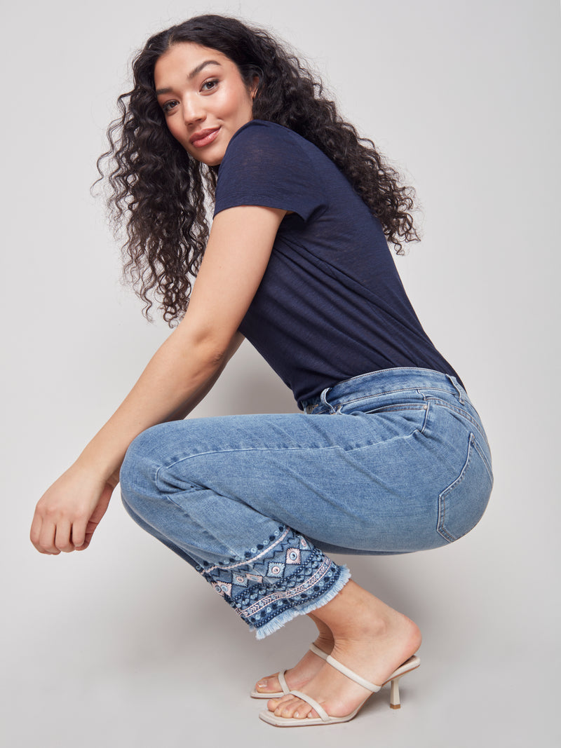 Embroidered Hem Denim Pants