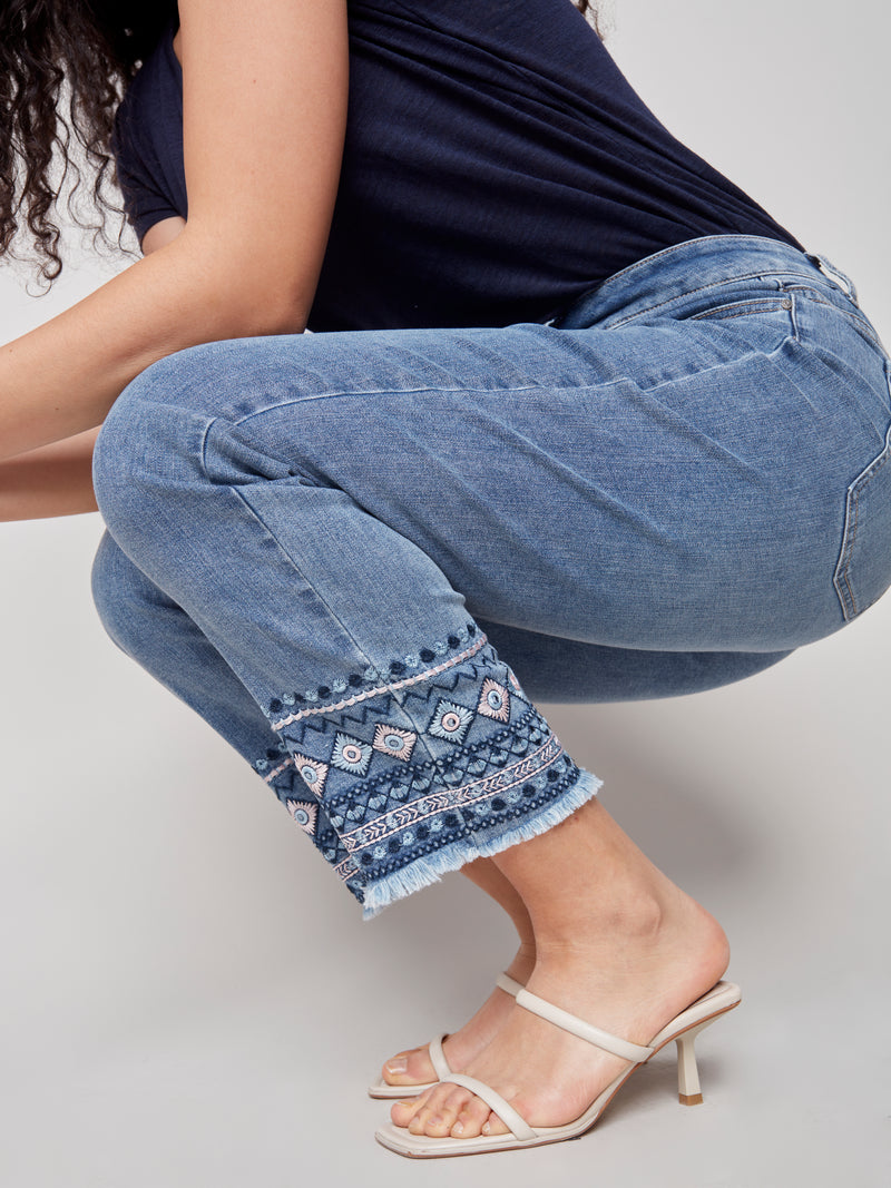 Embroidered Hem Denim Pants