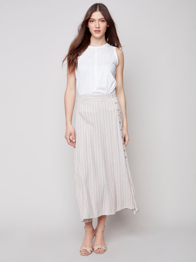 Long Linen Skirt Side Button- Natural
