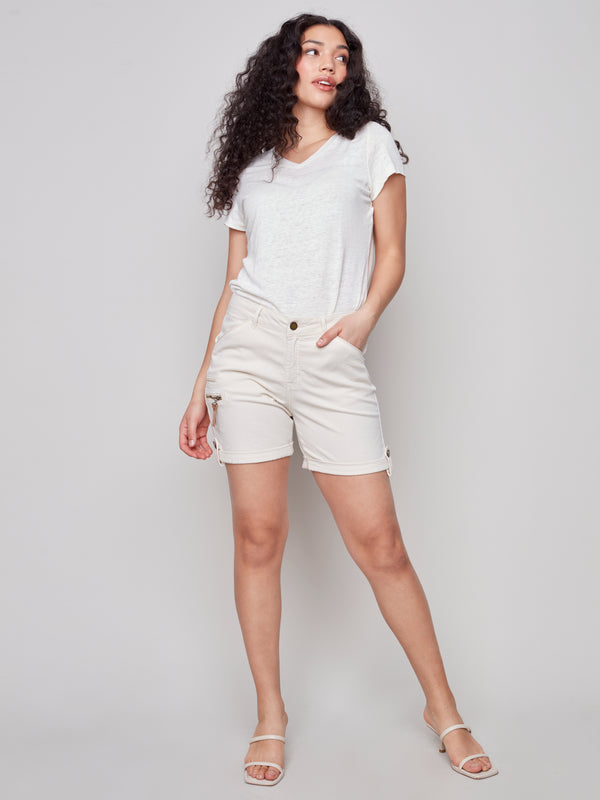 Cotton Canvas Cargo Shorts- Natural