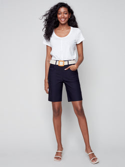 Belted Solid Stretch Shorts- Marine