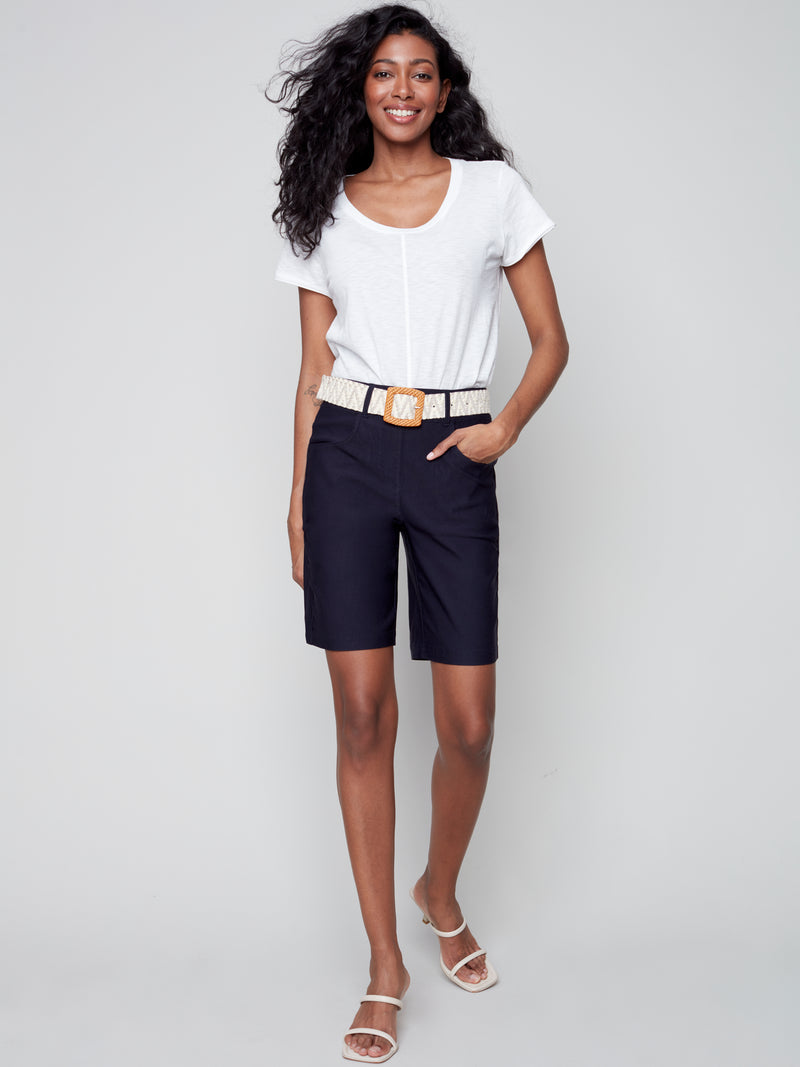 Belted Solid Stretch Shorts- Marine