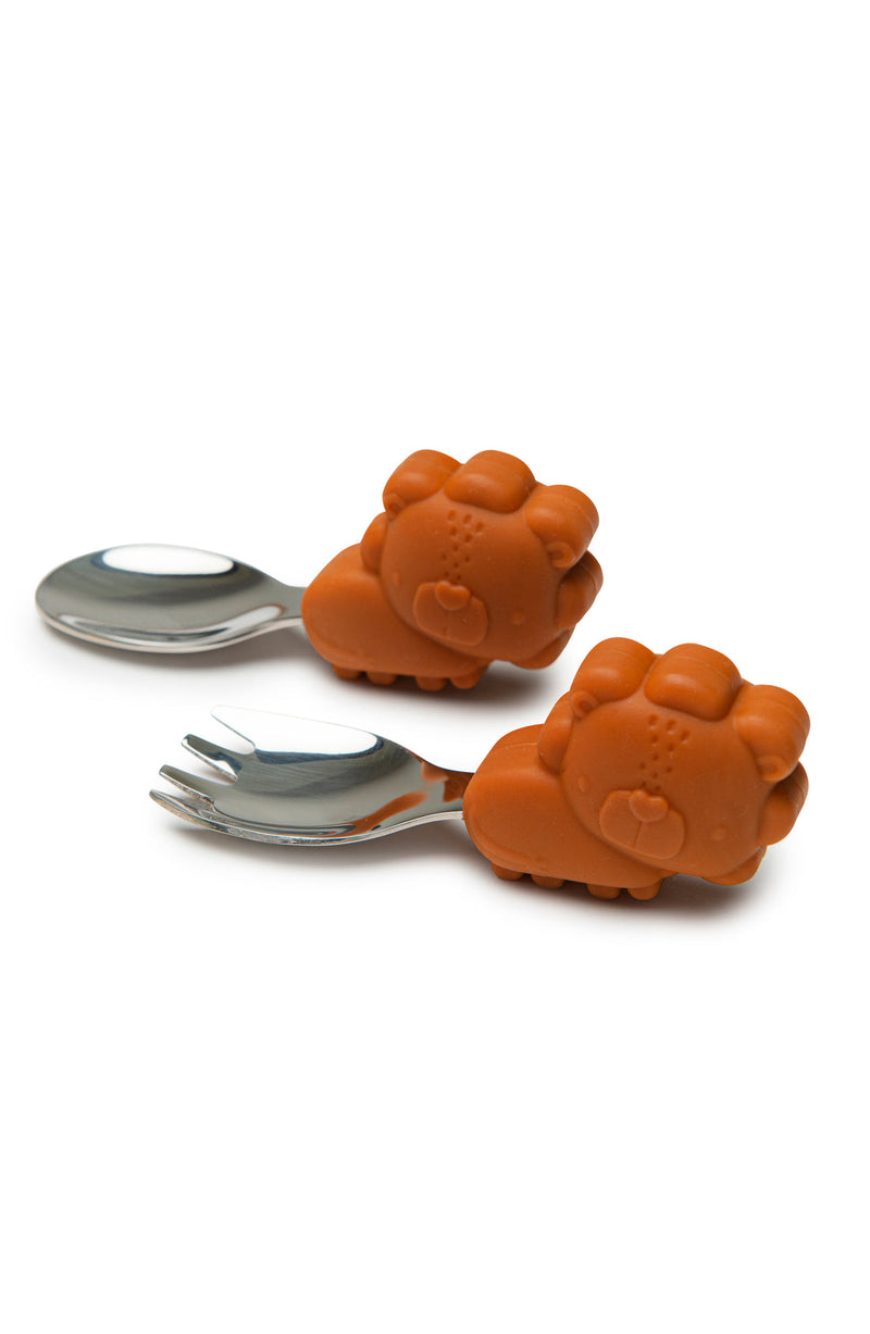 silicone handle learning spoon and fork set by lou lou lollipop in lion